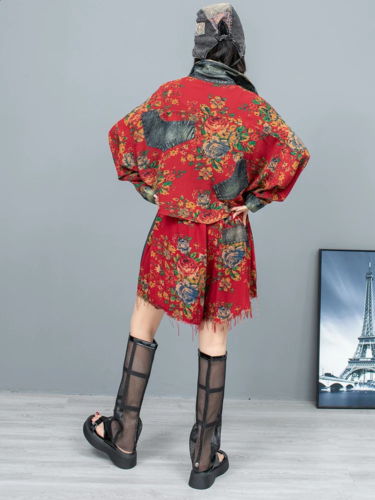 Summer Large Flower Patchwork Denim Lapel Long Sleeved Jacket Shorts Two-piece Set Women Short Sets LX329 240823