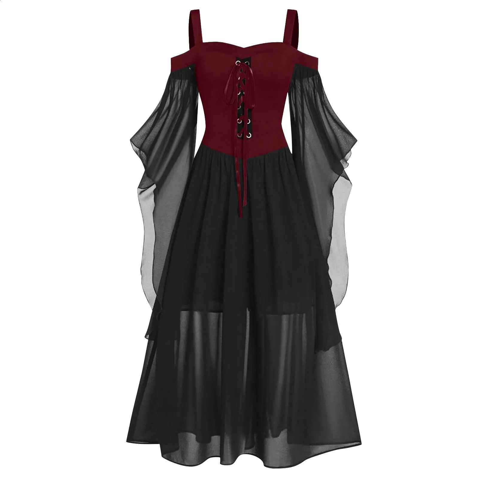 Womens plus size Halloween dress cold shoulder butterfly sleeves lace Gothic style clothing vintage mesh patchwork w240824