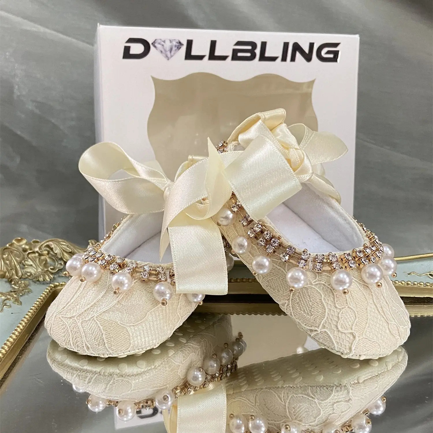 Ivory Lace Baptism Girl Shoes Pography Flower Baby Glitter Pearly Flower Shoes Soft Comfortable Infant Footwear 240813