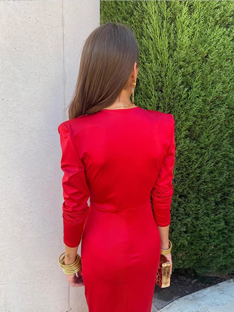 Women Fashion Sexy Slim Dress Urban Elegant Deep V-neck High Waist Dresses Lady Solid Shoulder Pads Long Sleeve High Street Robe 240823