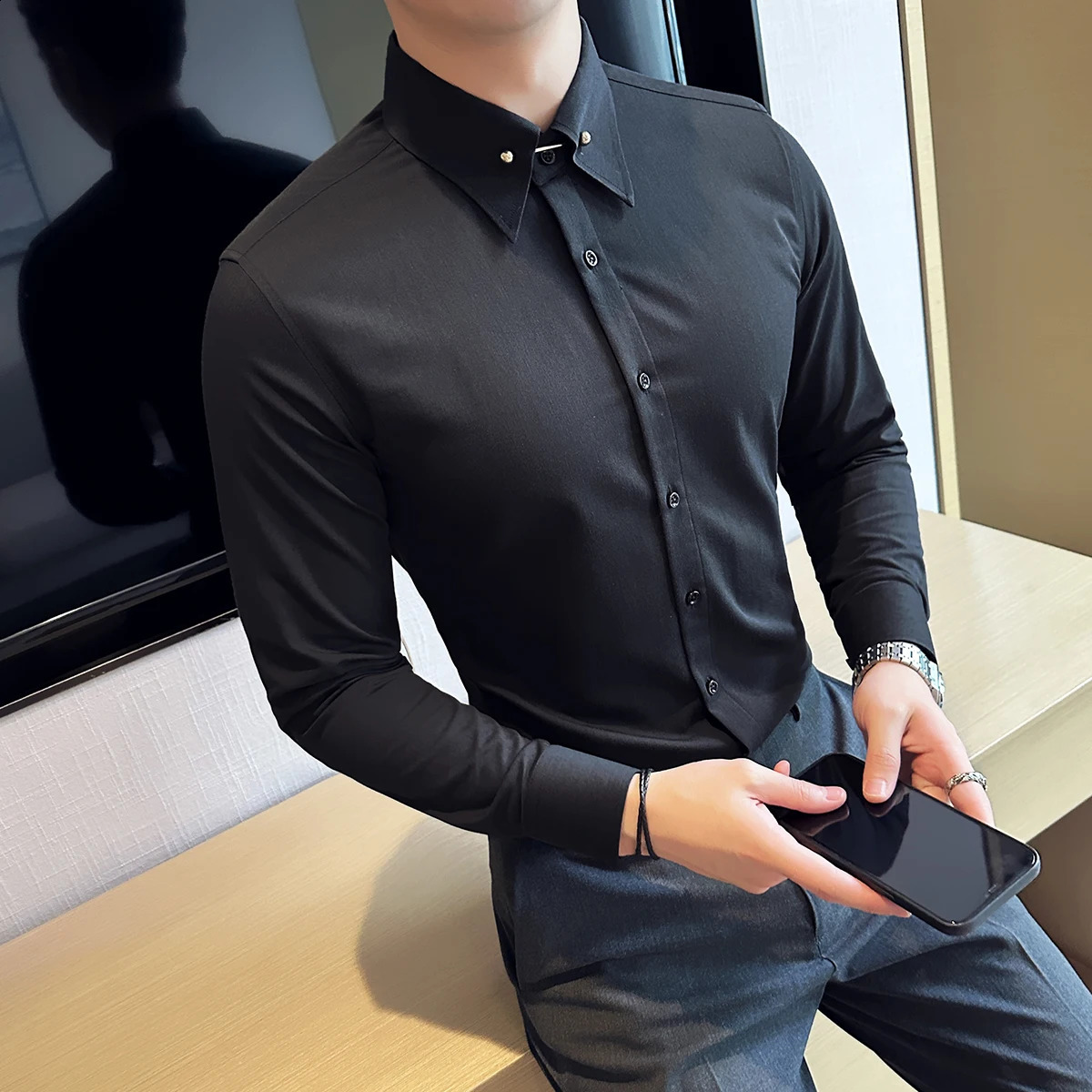 Mens Large Pointed Neck Lapel Shirt Solid Slim Fit Long Sleeved Business Shirt Formal Office Social Party Dress Tops 240822
