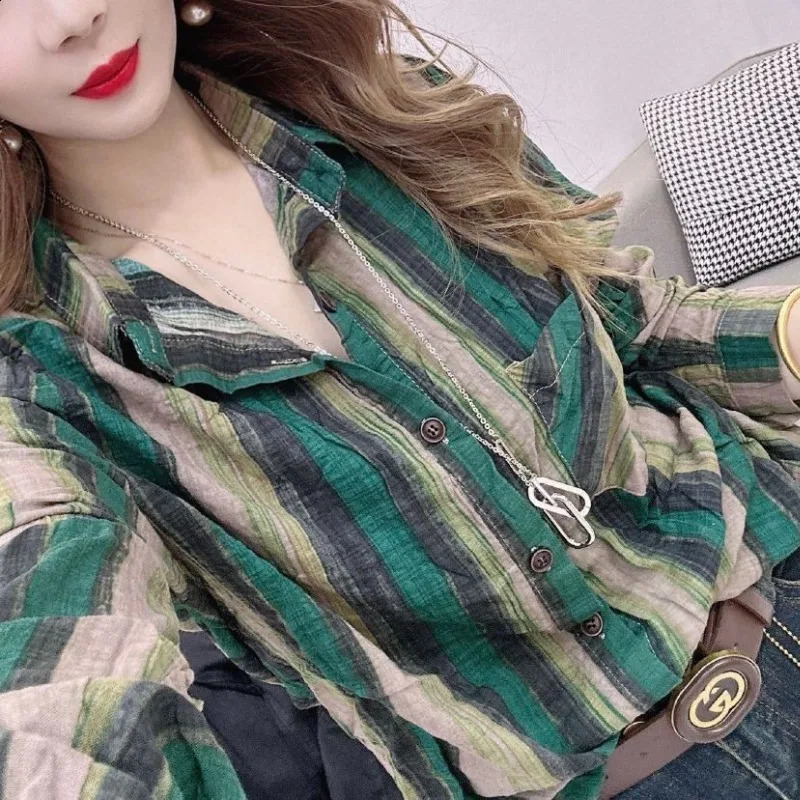 Korean Commute Spring and Autumn Shirts Womens Spliced Polo Neck Button Striped Loose All-match Long Sleeve Shirt Tops 240823