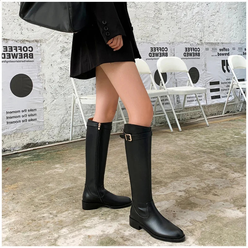 Ladies Knight Boots Classic Warm Boots Side Zipper Round Toe Thick Heel Thin Knee Boots Autumn Winter Women Botas 240823