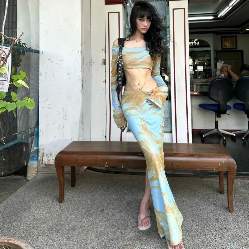 Temperament Slash Neck Contrast Color Vest Top Skirt Two-piece Set Women Print Split Midriff-baring Spicy Slim Summer Suit 240823