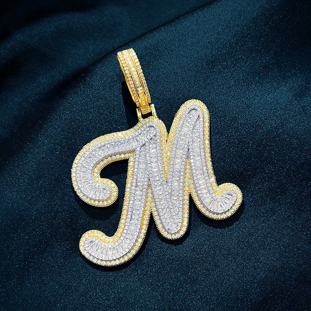 Hip Hop Custom A-Z Cursive Letters Pendant Necklace 5A T Zircon 18k Real Gold Plated Mens Jewelry