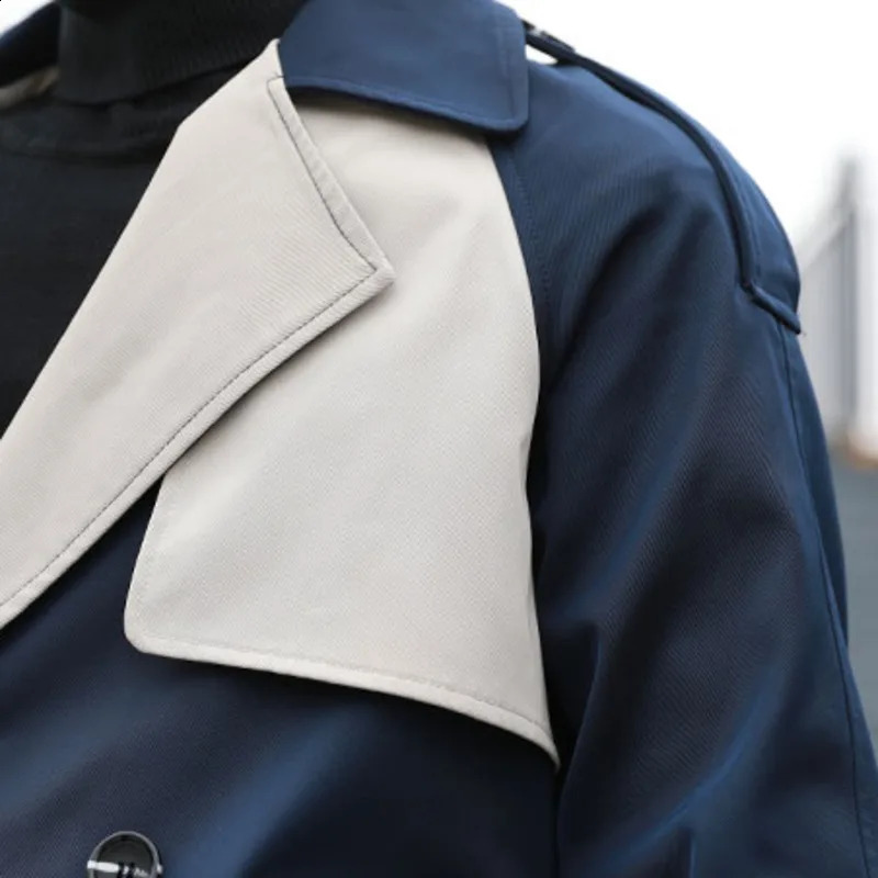 Autumn Windbreaker Fashion Double Breasted Long Jacket For Men Streetwear Contrast Stitching Male Abrigo Hombre Trench Coat Men 240822