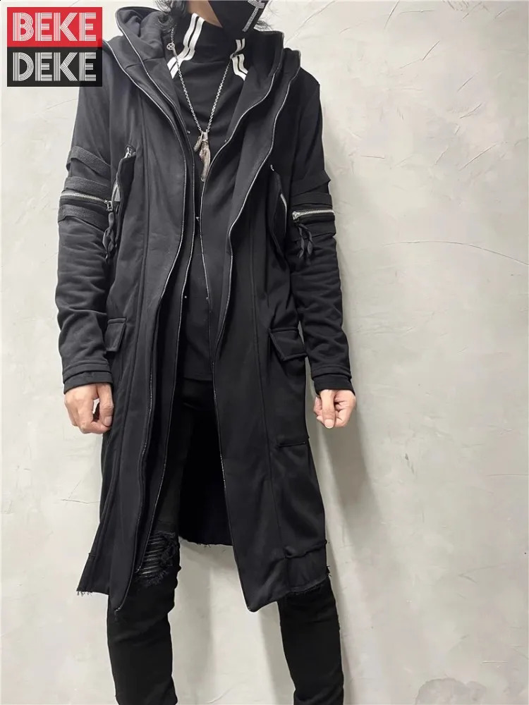 Gothic Black Medium Length Hooded Trench Men Japanese Style High Street Multi Zipper Casual Long Coat Spliced Cloak Wndbreakers 240822