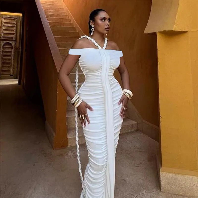 Ruched Ribbon Maxi Dress Women Summer Off Shoulder Short Sleeve Slim Bodycon Vestidos Solid Evening Party Long Robe Clubwear 240823