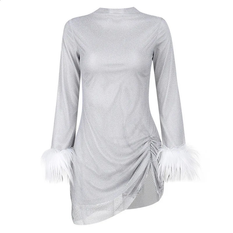 Elegant Glitter Sparkly Ruched Mini Dress Women Fashion Fur Cuff Long Sleeve Sexy Split Sequins Party Club Dresses Vestido 240823