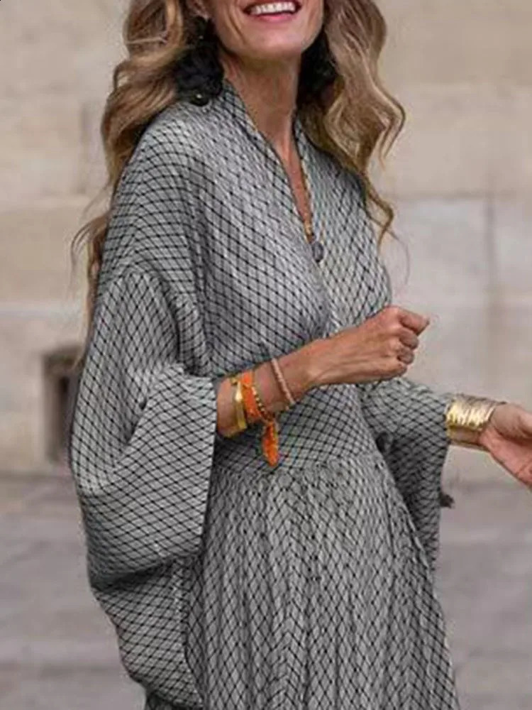 Vintage Boho Womens Casual Dress Sping Fall Fashion V-neck Lantem Sleeve Folds Waist Loose Maxi Streetwear Dresses For Women 240822