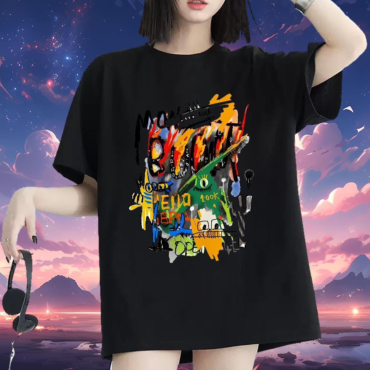 Wholesale Women Tshirts 230g Pure Cotton cartoon Street T Shirt For Woman Crew Neck White Plus Size Top Shirts