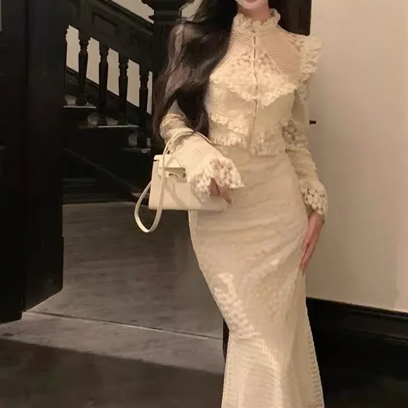 High-end Slimming Trendy Nichen Sensibilitylace Topfish Tail Skirt Set Casual Chic Streetwear For Women 240823