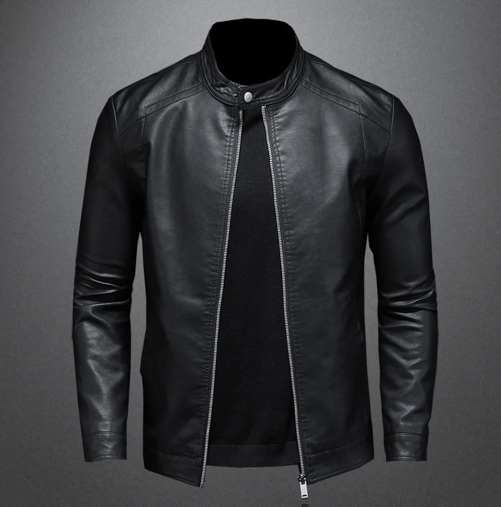 Spring Mens Leather Jacket Fashion Stand Collar Slim Pu Leather Jacket Causal Plush Thick Motorcycle Leather Jacket Coats 5XL 240822