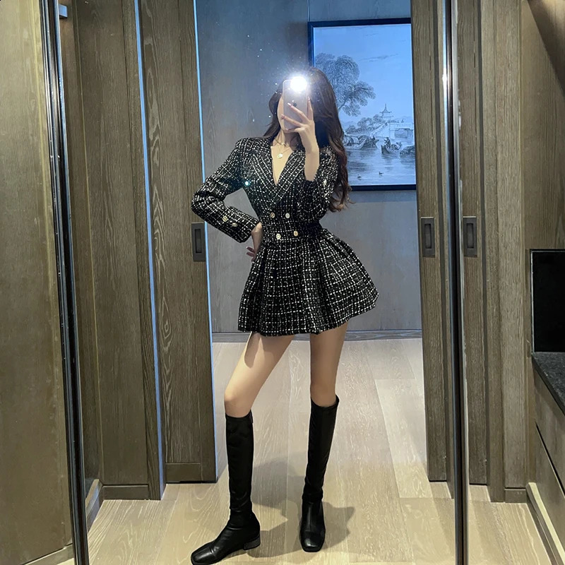 Autumn Winter Small Fragrance Black Plaid Tweed Dress Women Notched Suit Blazer Pleated Double Breasted Celebrities Mini Dresses 240823