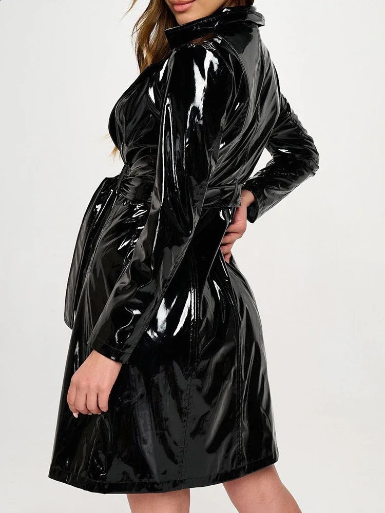 Glossy Faux Leather Women Long Turn-down Collar Dress Lady Chic Casual Shiny PU Dresses With Belt Pocket Long Trench Custom 240823