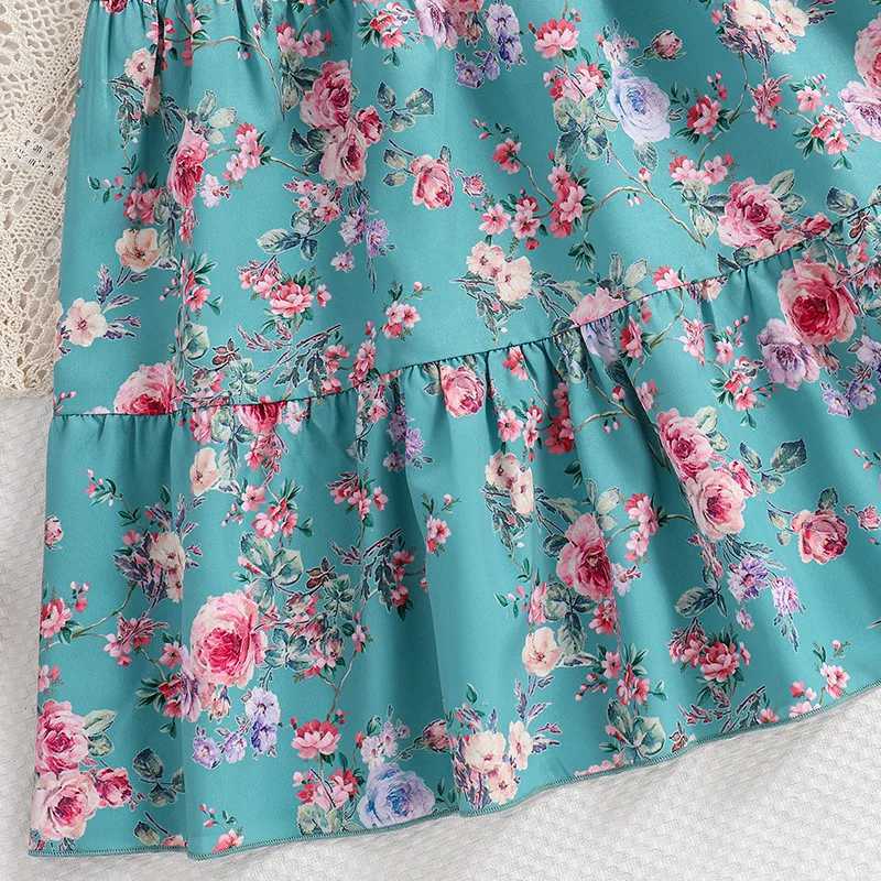 Childrens casual womens clothing summer new childrens fashion print blue A-line princess dress with 7-14Y W240823