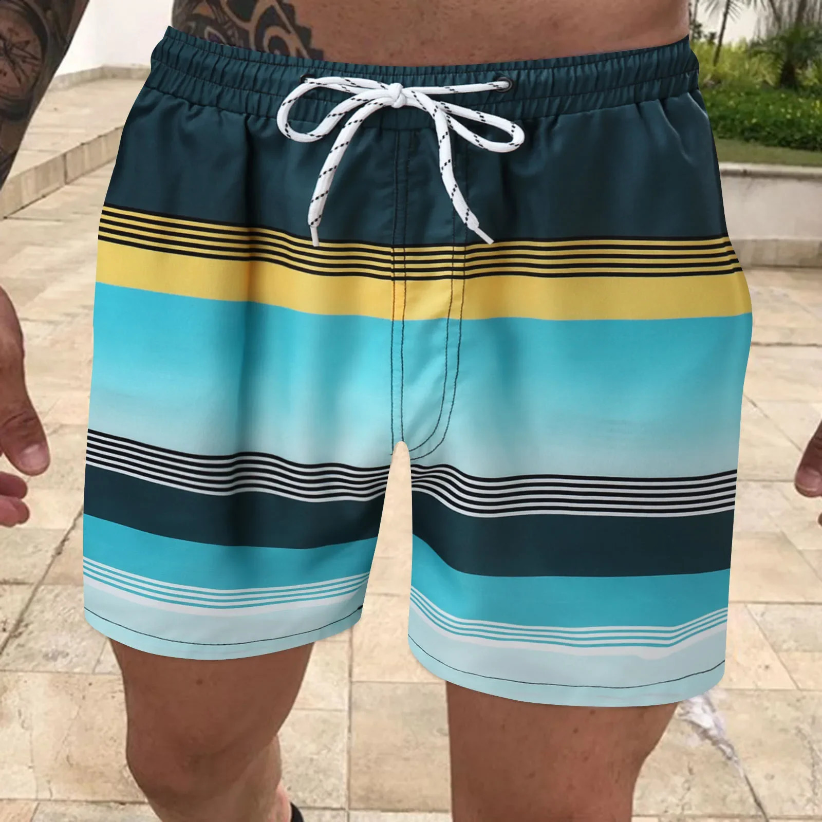 Mens board shorts Fashion striped print color contrast Swim Classic drawstring swim Summer surf suit y240830