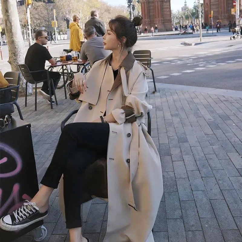 Spring Autumn High-grade Women Mid-length Over The Knee Relaxed Leisure Simple Slim Solid Color Trench Coat 240822
