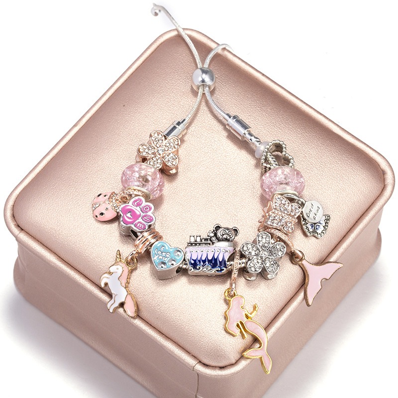 Fashion 925 Sterling Silver Adjustable Bowknot Mermaid Unicorn Bear Murano Lampwork Glass & European Charm Beads Crystal Dangle Fits Charm Bracelets Necklace Xmas