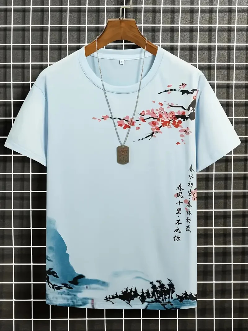 Mens 3D Plum Blossom printed loose short sleeved floral Tshirt Y2k casual streetwear mens trend 240822