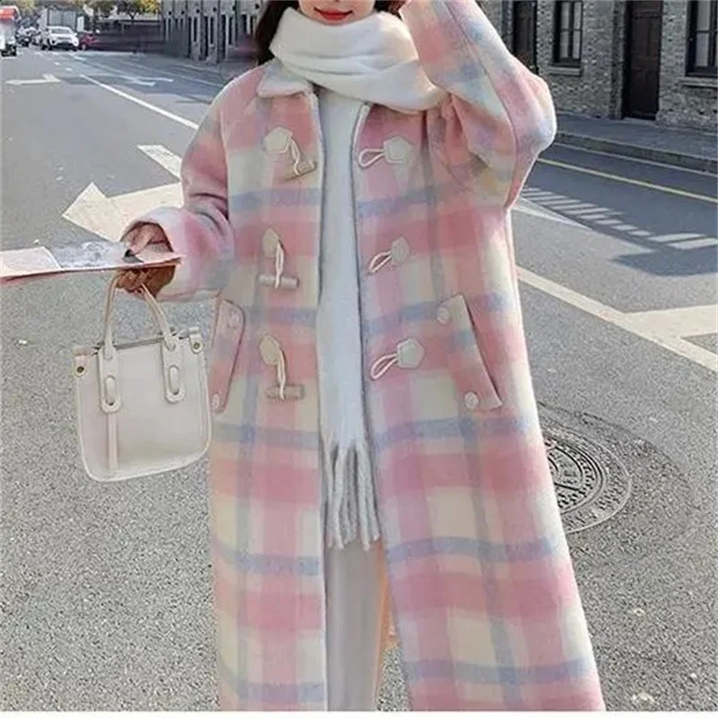 Autumn and Winter Loose Pink Cowhorn Button Woolen Coat Womens Fat Sister Sweet Little Man Woolen Coat V1 240822