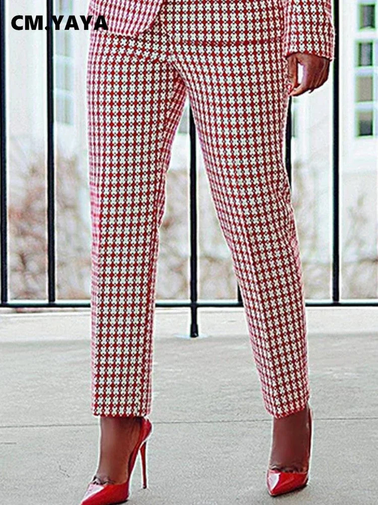 CM.YAYA Elegant Houndstooth Blazer Suit and Pants Two 2Piece Set for Women Autumn Winter Classic OL Street Outfit Tracksuit 240809