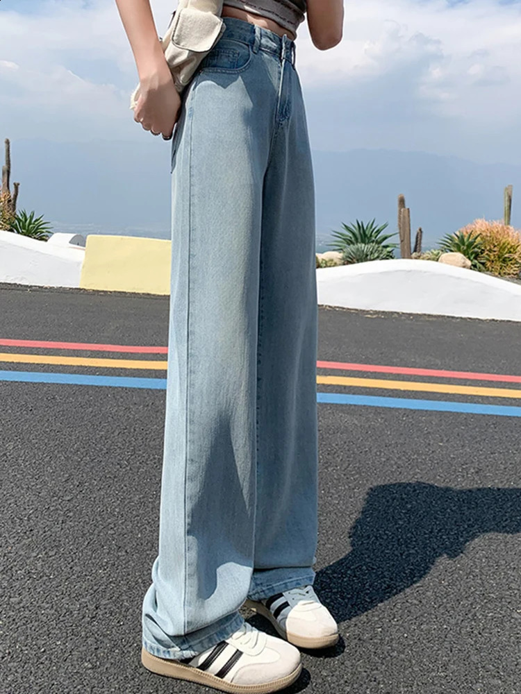 Womens high waisted retro nostalgic thin Trouser womens Tencel cotton loose wash denim jeans blue wide leg pants 240823