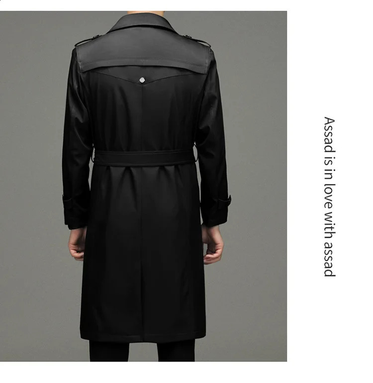 Mens Extra Long Double Breasted Trench Coat Autumn Casual Notch Lapel Belted Windbreaker Slim Fit Business Overcoats 240822