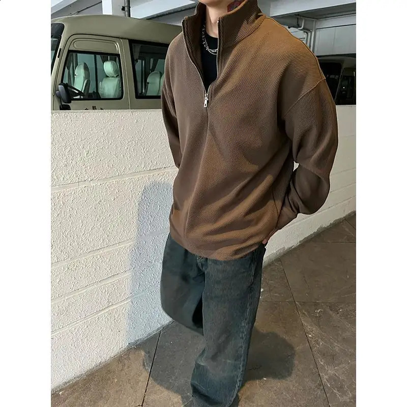 Mens twill textured fabric silhouette half-zip sweatshirt loose shoulder pullover long sleeves men clothing y2k top one piece 240823