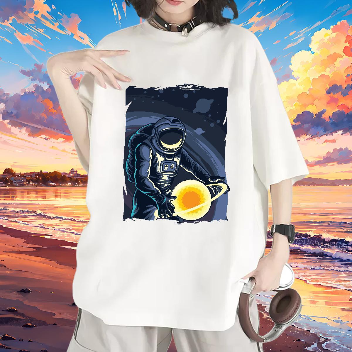 Female Woman Tshirt 230g Pure Cotton spaceman Hip Hop Street T-Shirts for Women Round Neck Short Sleeve Skull Tops Tees