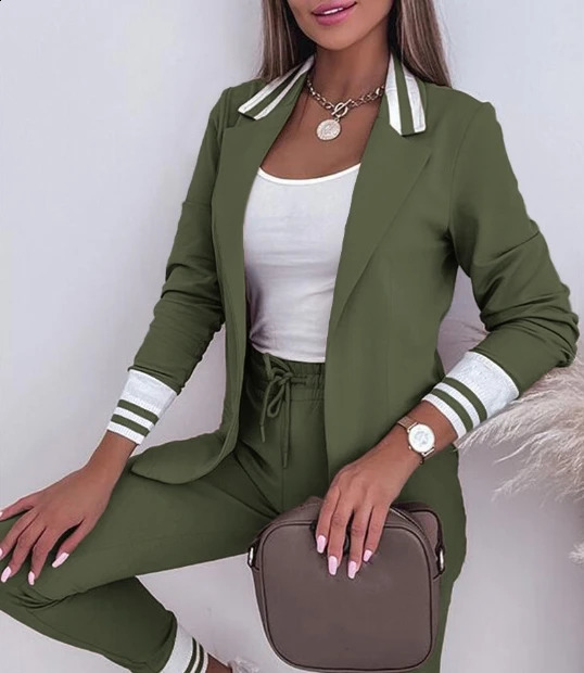 Womens Spring Double Breasted Blazer Office Pantsuit Striped Notched Collar Blazer Coat Drawstring Pants Set 2 Piece Set Female 240809