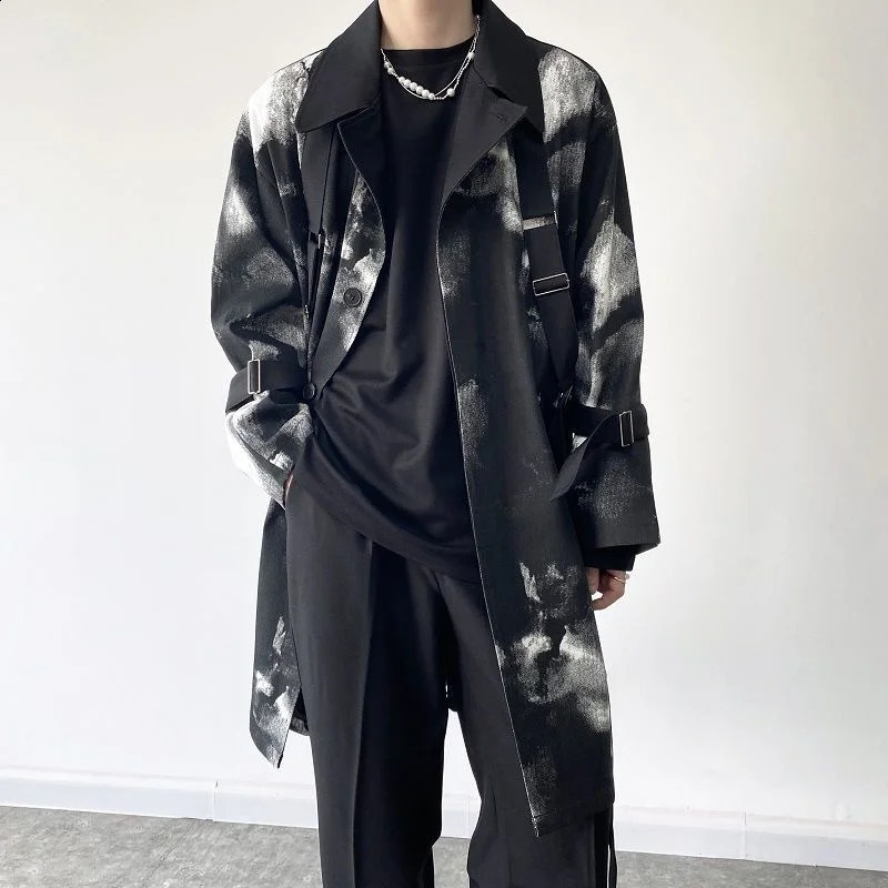 Ink Mens Tie-dye Tie n Trendy Long Coat Autumn Winter Black Single Breast Vintage Streetwear Windbreaker Loose Jacket 240822