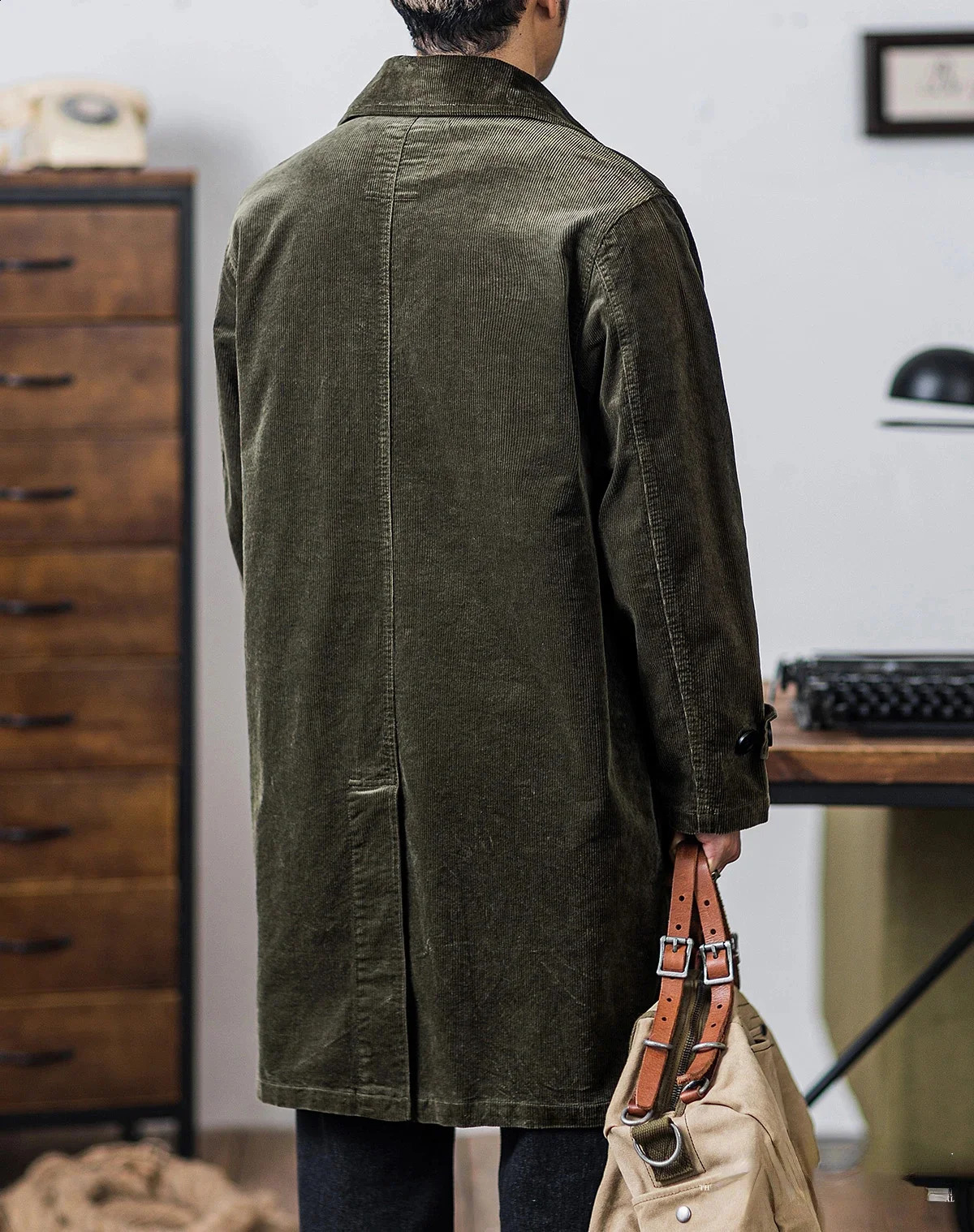 Trench Mens Coat Corduroy Green Loose Fit Mid-length Business Casual Gentlemen Jacket Autumn Winter Wear 240822