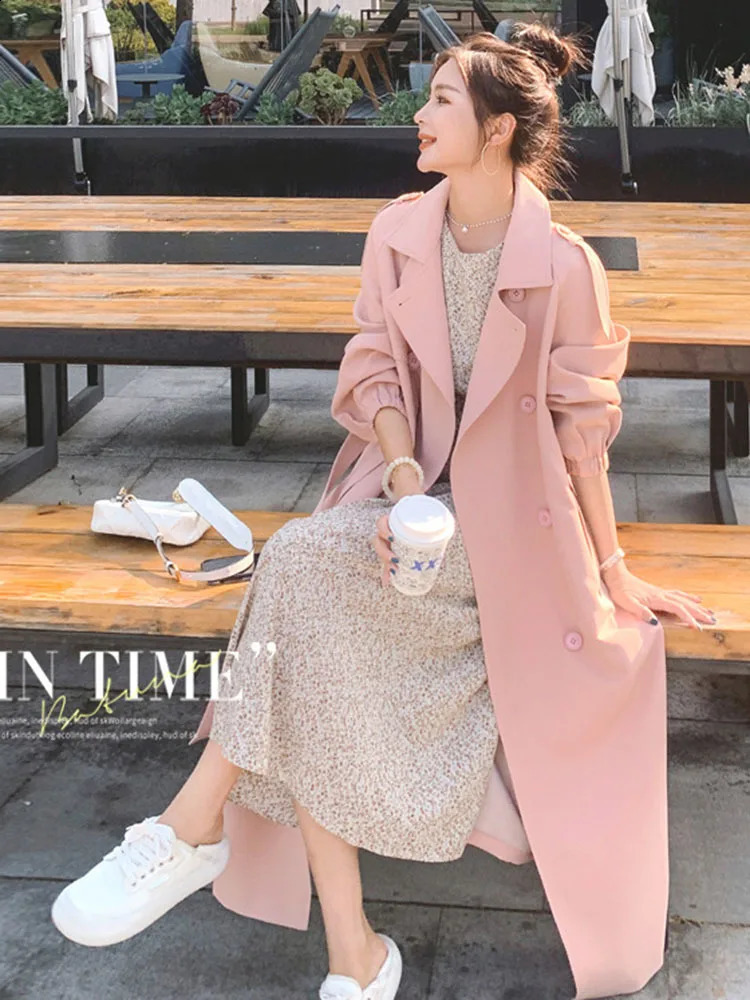 LANMREM Pink Trench Coat For Women Spring Double Breasted Long Sleeves Belt Windbreaker Female Outerwear Elegant 2R3056 240822