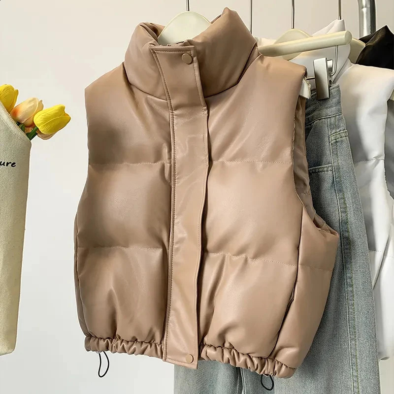 Winter Women Fashion Thick Warm Faux Leather Cropped Padded Waistcoat High Neck PU Vest Female Outerwear Chic Tops 240822