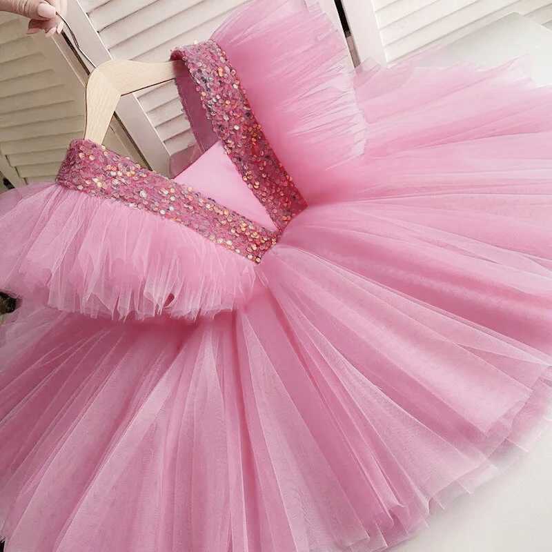 Girls sequin pleated dress childrens dress elegant princess wedding party ball dress childrens birthday formal vest W240823