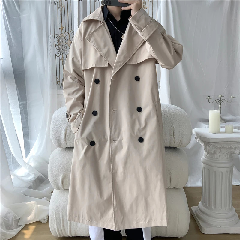 Korean Fashion Trend Mens Loose Casual Belt Overcoat Spring Loose Trench Long Sleeve Men Woman Coat Large Size Streetwear 240822