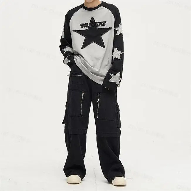 Harajuku Star Embroidered Long Sleeve T-shirt Y2K Set Womens Contrast Patch Long Sleeve College Casual Long Sleeve Mens Top 240823