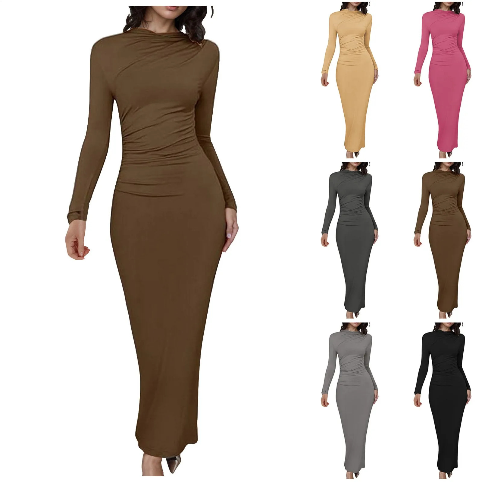 Womens Fall Long Sleeve Maxi Dresses Sexy Ruched Crew Neck Slim Fit Evening Party Dresses Womens Sexy Bodycon Formal Dresses 240823