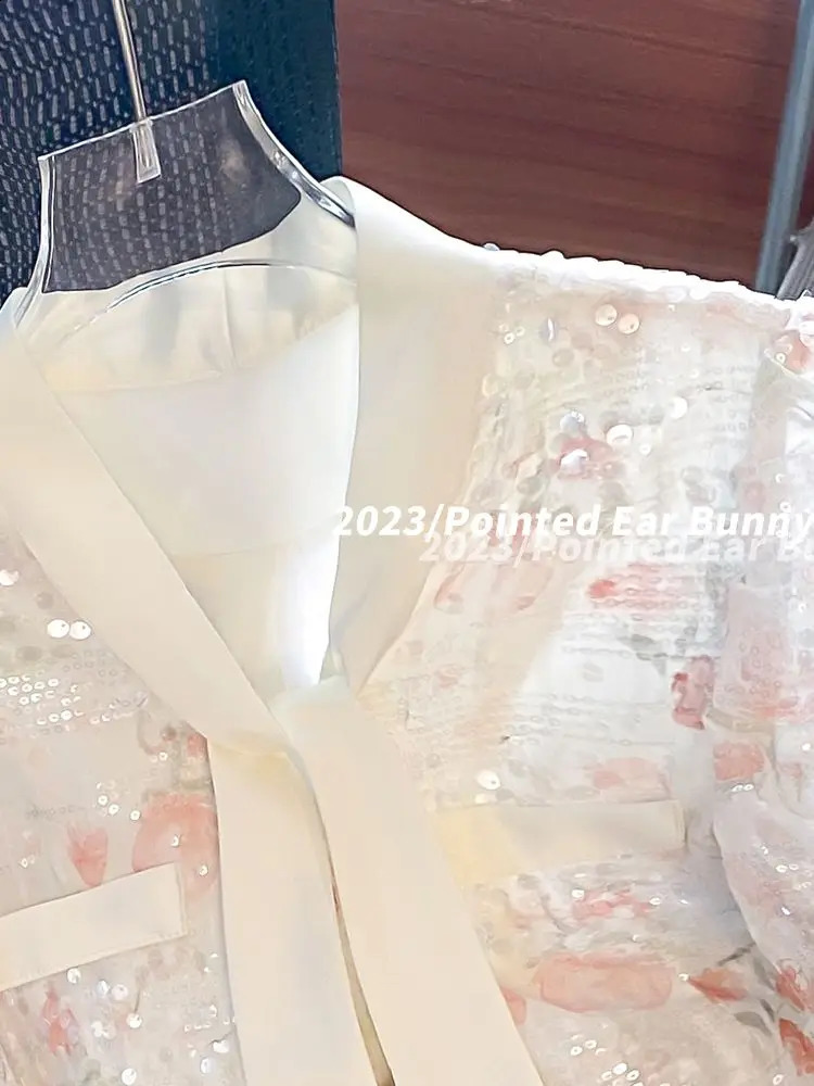 French Sweet Floral Skirt Set Summer High end V-neck Sequin Short Sleeve Top High Waist Long Skirt Two Piece Set Women Outfits 240823