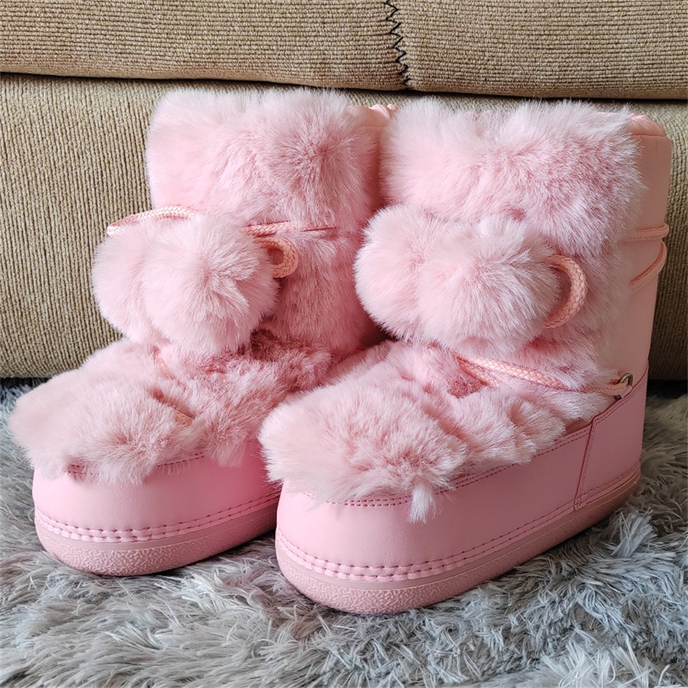 Women 2024 Winter Fluffy Furry Faux Fur Snow Woman Lace-Up Waterproof Platform Ankle Pink Ski Boots