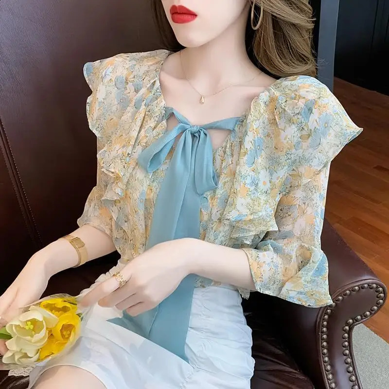 Chiffon bow tie womens shirts and blouses floral tops pleated Vneck clothing young series trends w240824