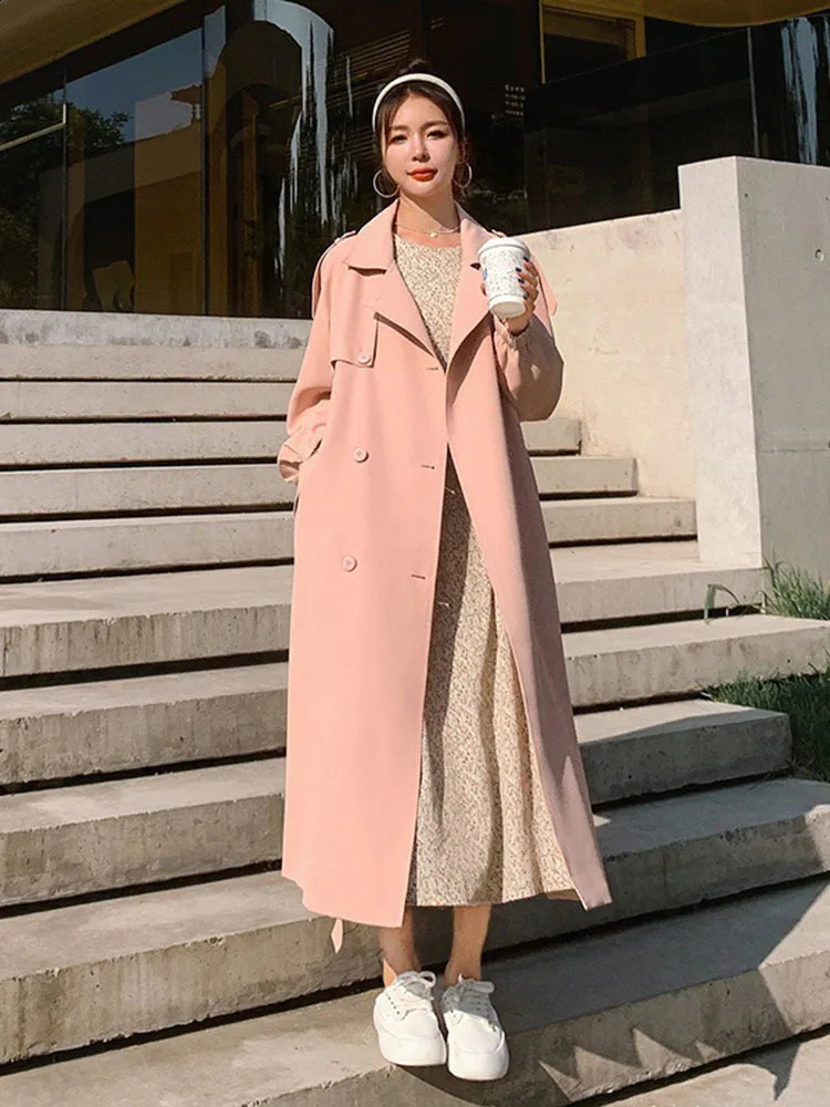 LANMREM Pink Trench Coat For Women Spring Double Breasted Long Sleeves Belt Windbreaker Female Outerwear Elegant 2R3056 240822
