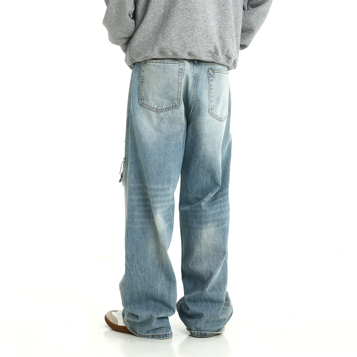 American Ice Blue Straight Leg Jeans Summer New Vintage Washed and Worn Loose Pants