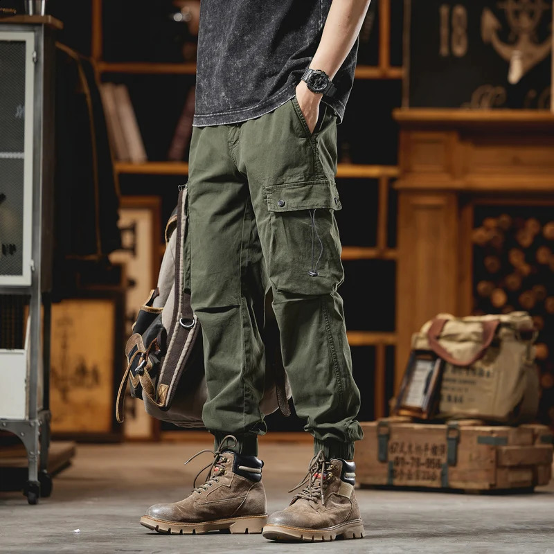 Spring and Autumn Mens Heavy Duty Work Pants American Fashion Loose Fit Casual Multi Pocket 240823