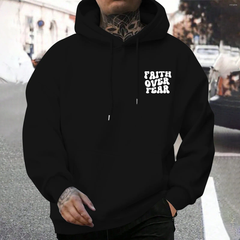 Men's Hoodies FAITH OVER FEAR Hoodie Casual Letter Print Hooded Sweatshirt Pullove White For Male Unisex Long-sleeved