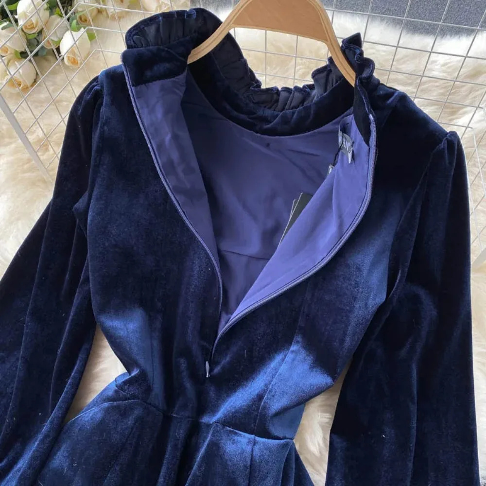 Sexy Bodycon Half High Collar Long Sleeve Velvet Dress Chic Elegant Vestidos Vintage Autumn Women Korean Fashion A-line Dress 240823