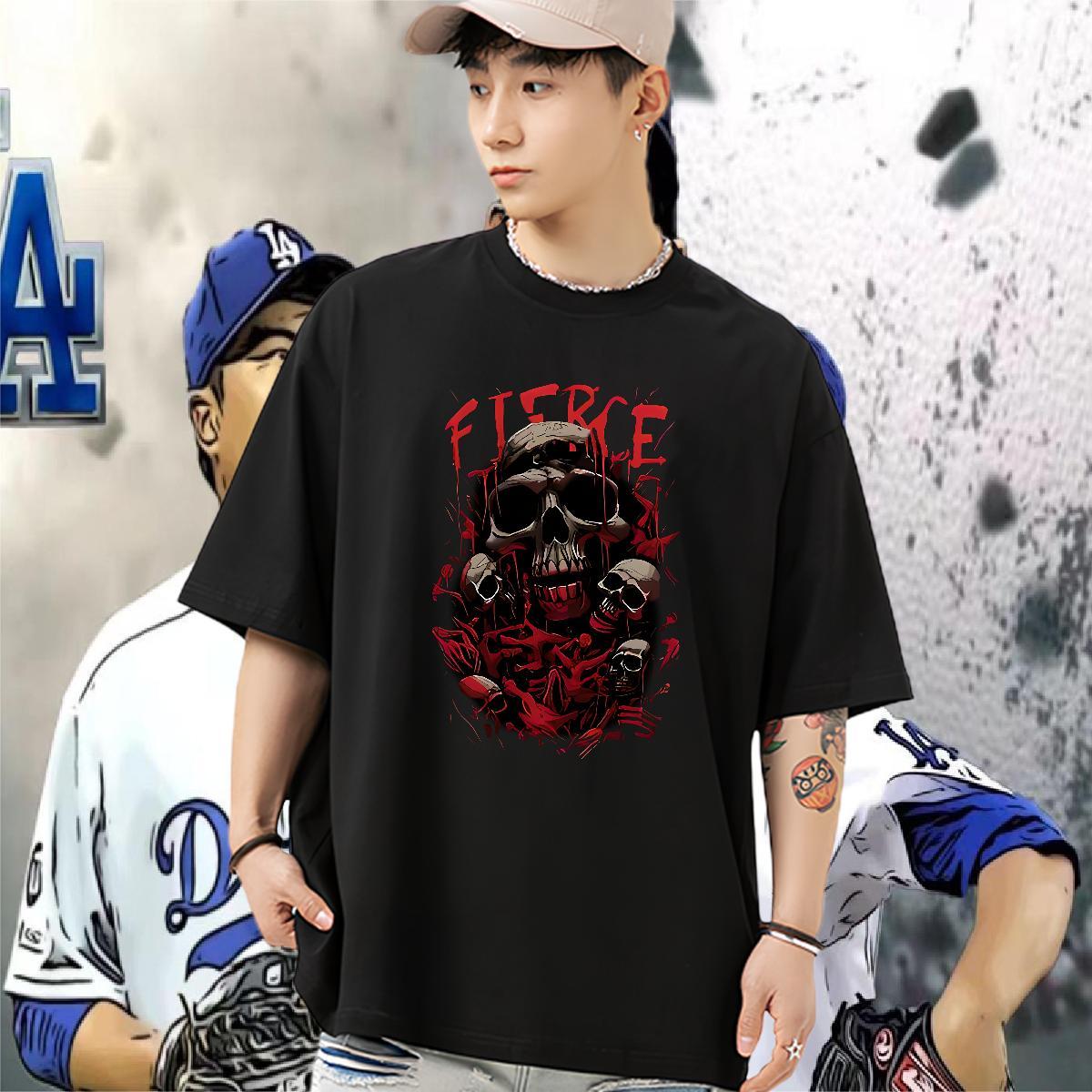 Wholesale Mens T Shirts 230g 100% Cotton skull Spring Summer Anime Print Breathable Soft Men Tees Free Shipping Tee Shirt