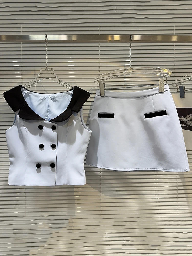 DEAT Trendy Womens Suits Contrast Color Neck Edge Double Breasted Vest Wrap Hip Skirts Set Female Summer 11A0390 240822
