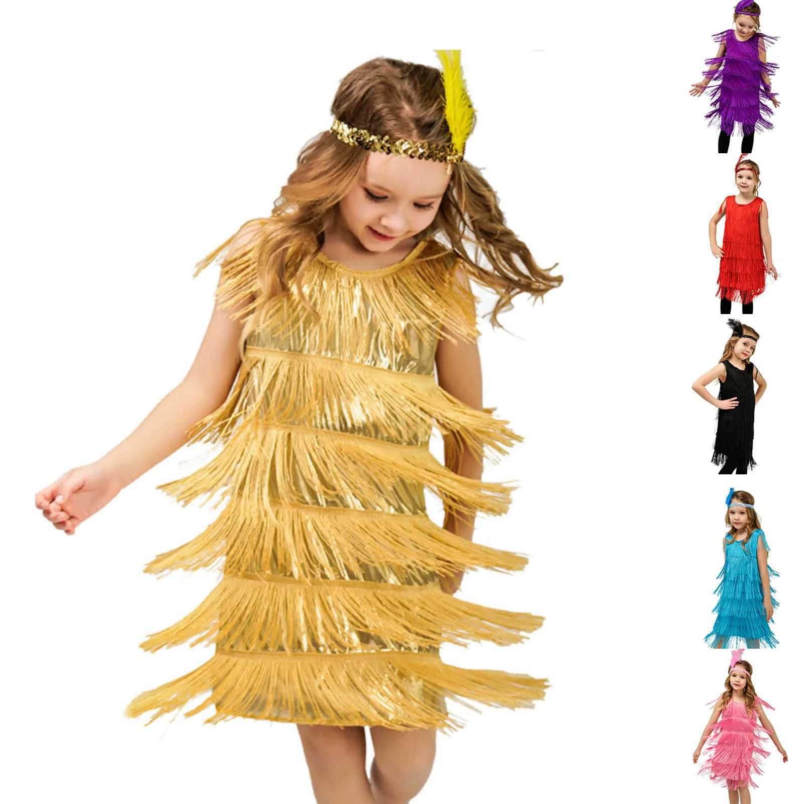 Childrens edge leather girl lapel dress sequined edge Latin dance dress tassel tango dress feather headband clothing W240823